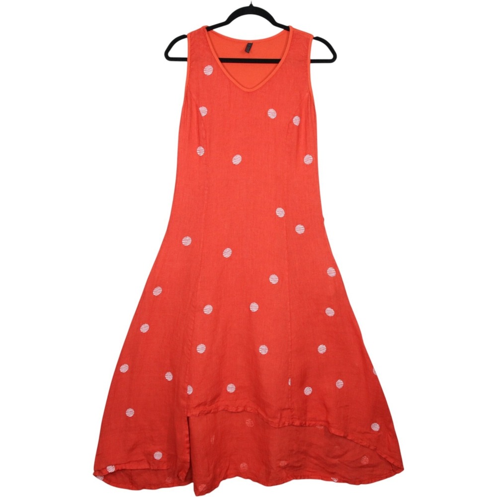 Inizio Dress Womens Small Orange Linen Sleeveless High Front Low Back Polka Dot